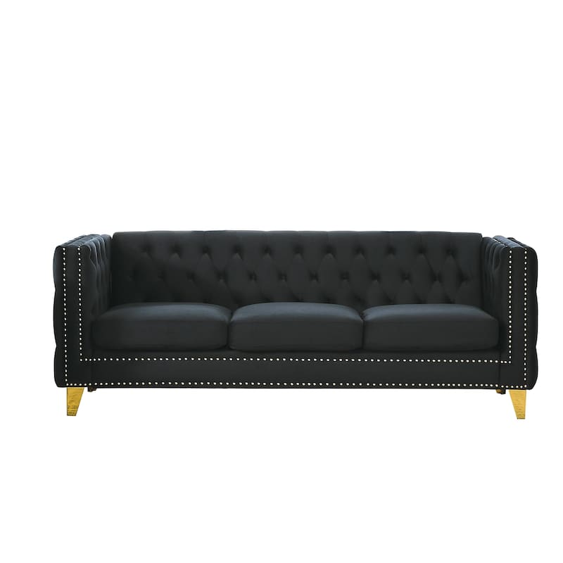 Roomfitters 5-Seater Velvet Sofa Set, 3+2 Chesterfield Square-Arm Tufted Couches with Nailhead Trim and Gold Legs