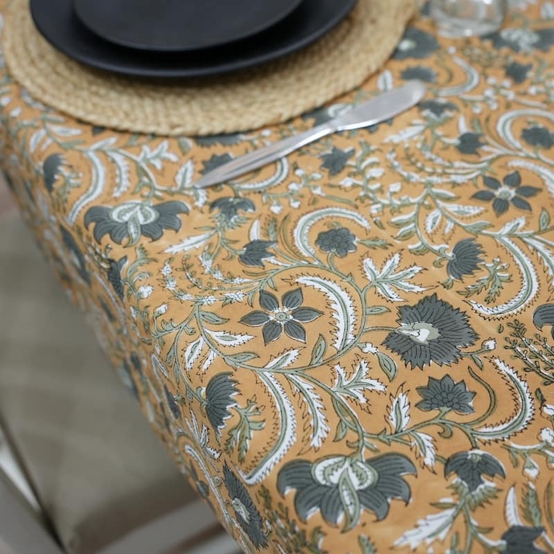 Fabdivine Handmade Block Print Cotton Brown Table Cover or Cloth Dining, Farmhouse & Kitchen Décor