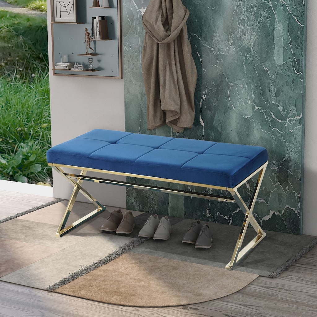 Morden Blue bench with metal X legs and Velvet Fabric for Entryway Living Room