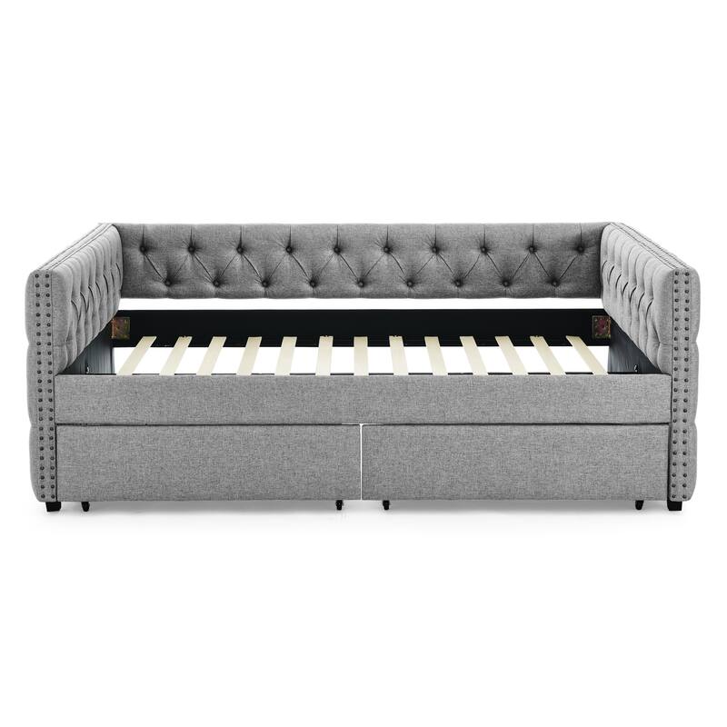 Full Size Daybed - Linen Upholstered Daybed with Storage,Button and Copper Nail