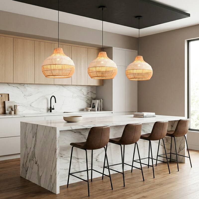 17" Bohemian Round Woven Wicker Adjustable Pendant Light Chandelier for Dining Room