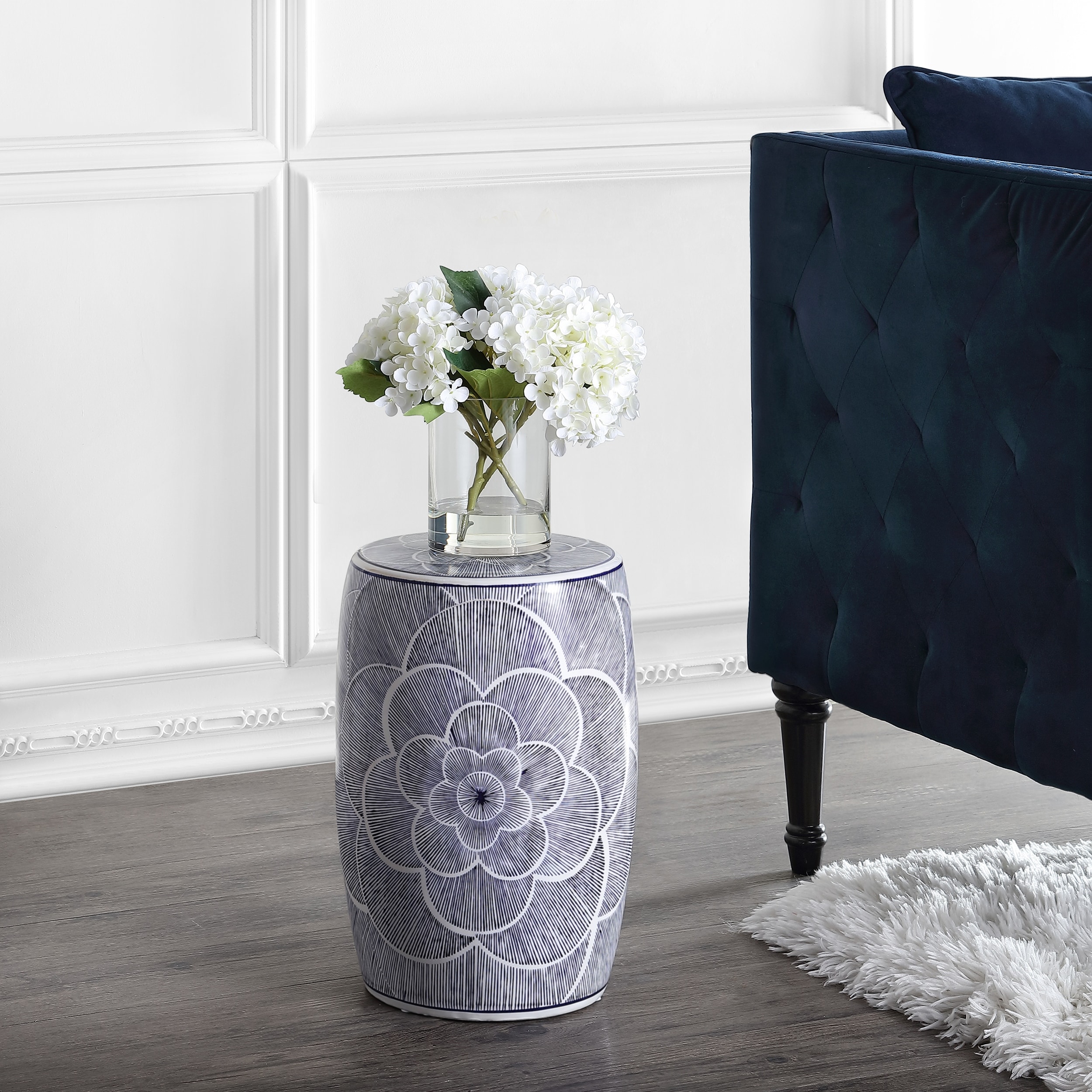 Camellia Traditional Floral Chinoiserie Ceramic Drum Garden Stool, Pierced Indoor/Outdoor Patio Seat & Side Table