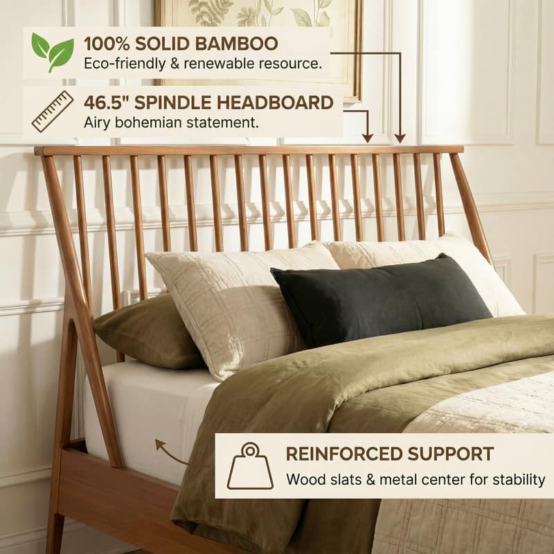 Bohemian Bamboo Spindle Platform Bed Frame with Wooden Slats and Metal Support, No Box Spring Needed, Low Profile Wingback Bed