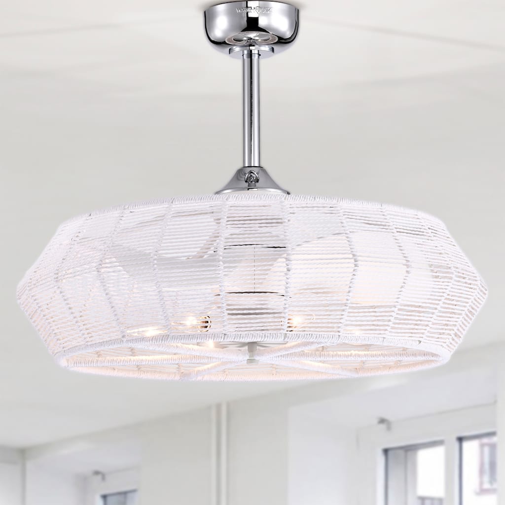 Akasha 28 Inch Rattan Rope 6 Light Fandelier with Remote (White Color)