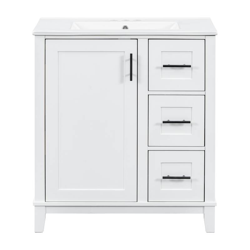 GDFStudio - Tim 30" Modern Bathroom Vanity with Ceramic Sink - Rubberwood Frame, 3 Drawers & Double-Rack Door, Soft-Close