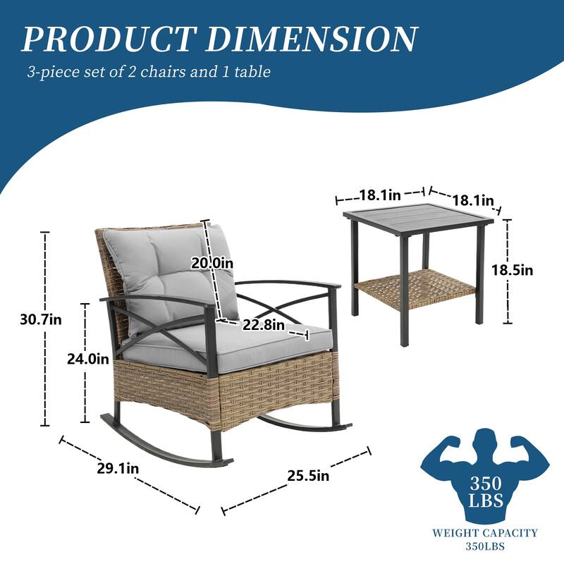 HOMEFUN 3-Piece Rattan/Wicker Outdoor Patio Rocking Cushions Chairs With Table