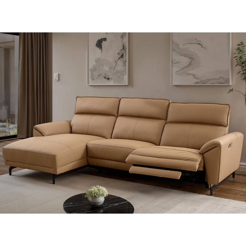 Furniture of America Fynae Modern Leather L-Shaped Sectional Recliner with Chaise and USB Ports - Light Brown - Left Facing