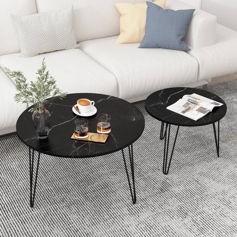 Anmytek Set of 2 Nesting Round Coffee Tables with Marble Effect Top & Hairpin Legs, Black Industrial Modern Side Tables