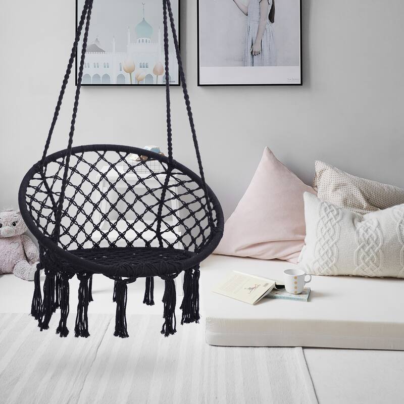 Hammock Swing Chair Hanging Chair with Fringe, Handwoven Hanging Seat with Arched Backrest & Cotton Rope