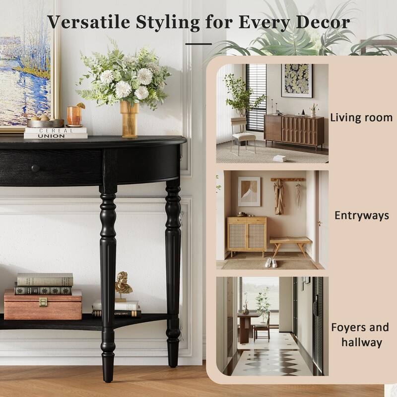 Farmhouse Half Moon Console Table with Drawer and Shelf for Entryway and Living Room Decor
