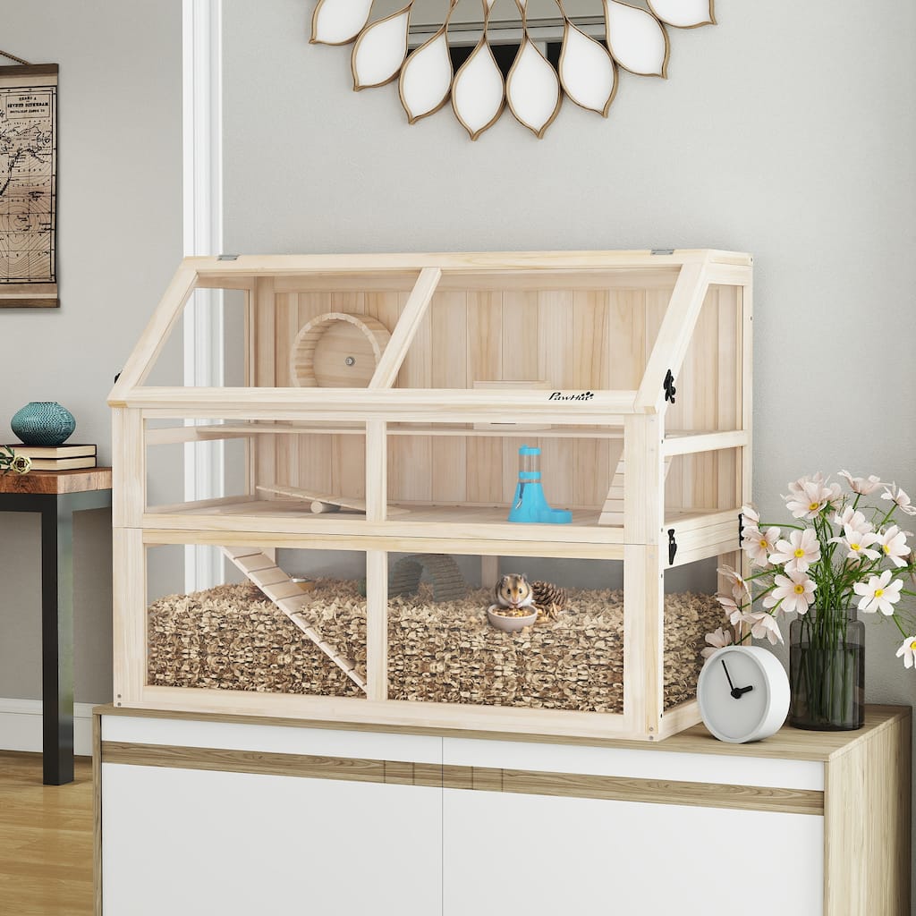 PawHut 37" 3-Tier Wooden Hamster Cage with 12.4" Deep Bottom & Hut - medium