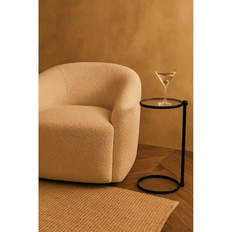 C Shaped Martini Drink Round Table with Black or Gold Metal Base, Carrara Marble or Tempered Glass top - 24.55" high x 10" diameter - Black Table with glass top