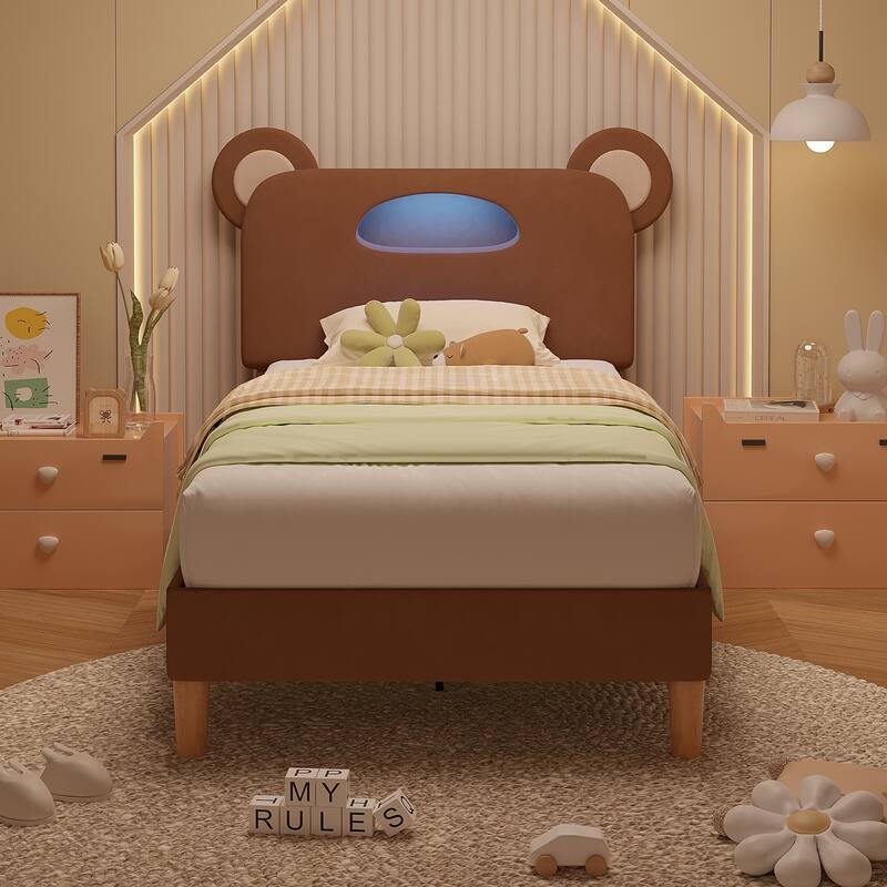 Javlergo Twin Size Upholstered Platform Bed Frame with Bear Ears Headboard and Light, Kids Bed Set of 2