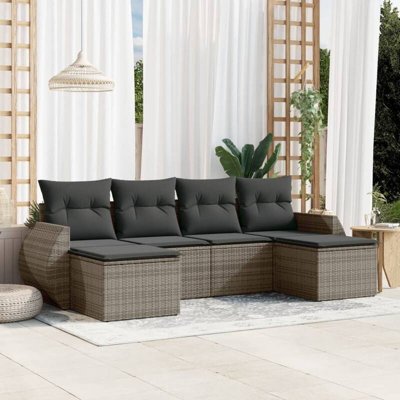 vidaXL Patio Sofa Set with Cushions Outdoor Furniture 6 Piece Poly Rattan - 21.7 x 21.7 x 14.6 - Gray