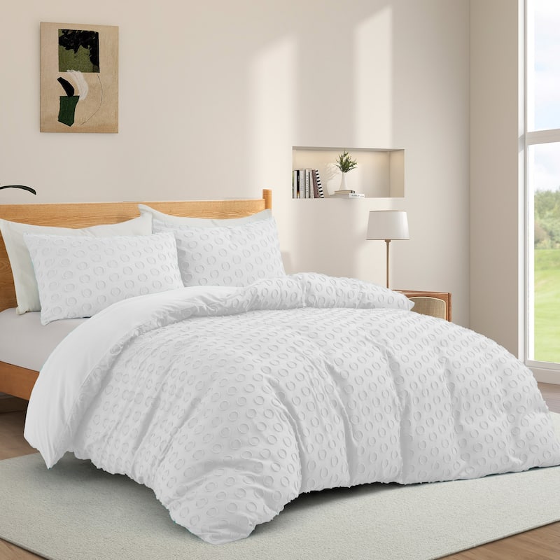 Tufted Clipped Jacquard Geometric Oversized Duvet Cover & Pillowcase Set - Circle/White - King