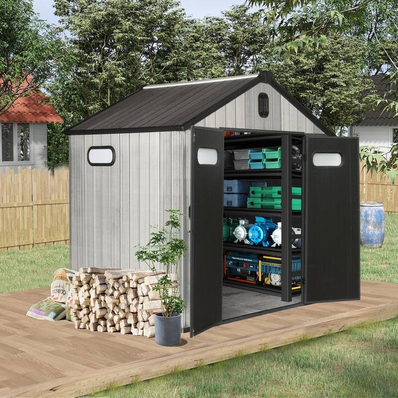 Domi Outdoor Resin Storage Shed, Waterproof Plastic Garden Shed with Lockable Door, Windows & Vents, Outside Tool Storage Shed