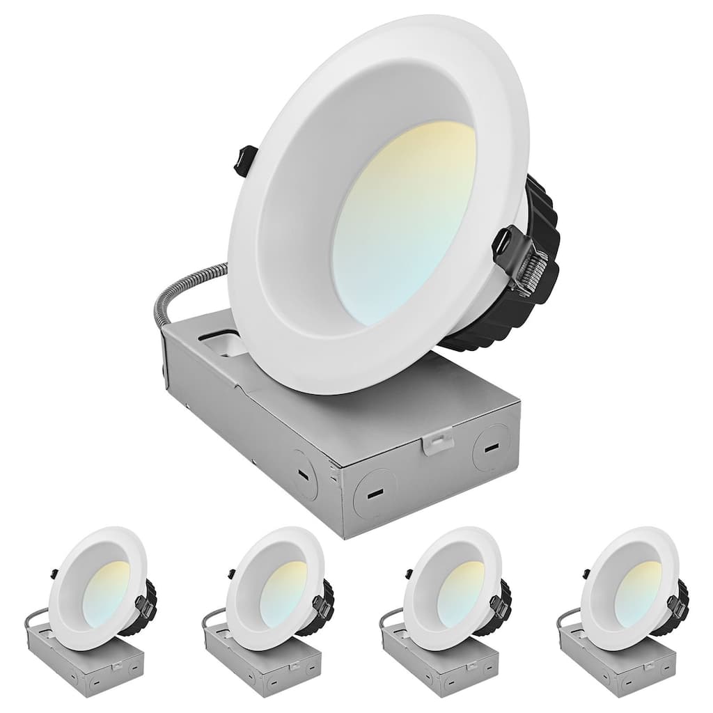 LUXRITE 6 Inch Commercial LED Recessed Light J-Box 5CCT 30/40/50W Dimmable 3000/4000/5000LM 120-277V Wet Rated 4 Pack