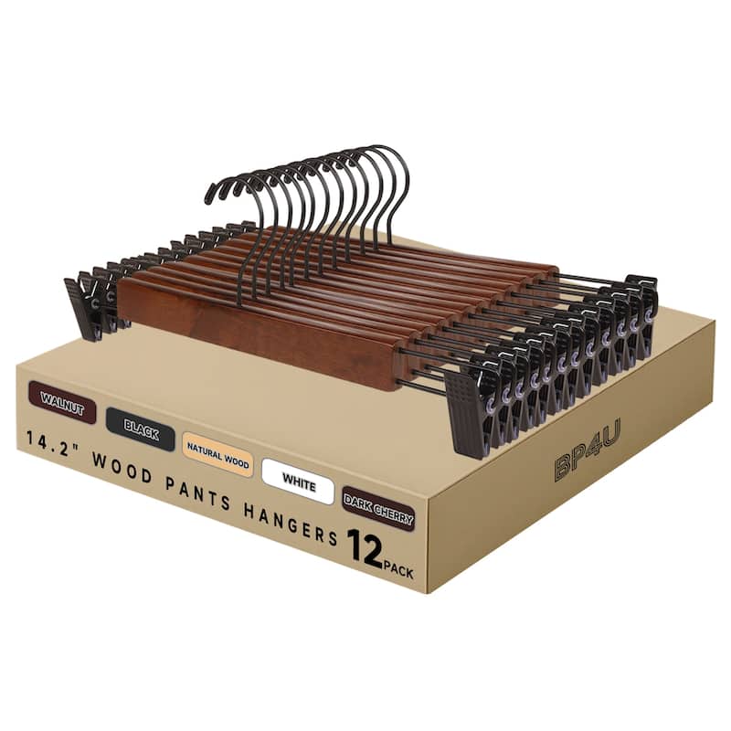 BP4U Premium Wooden Pants Hangers with Adjustable Clips, Solid Wood Skirt Hangers for Jeans, Slacks, Dresses - 12-Pack - Walnut