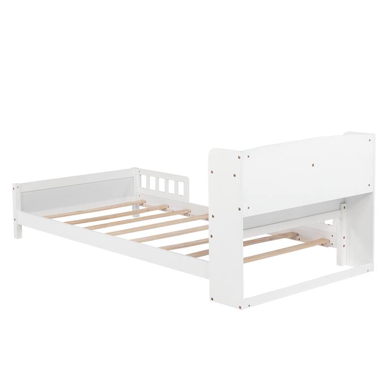 Twin Size Pine Bed w/ Bookcase Headboard ,LED Sensor Light, Guardrails
