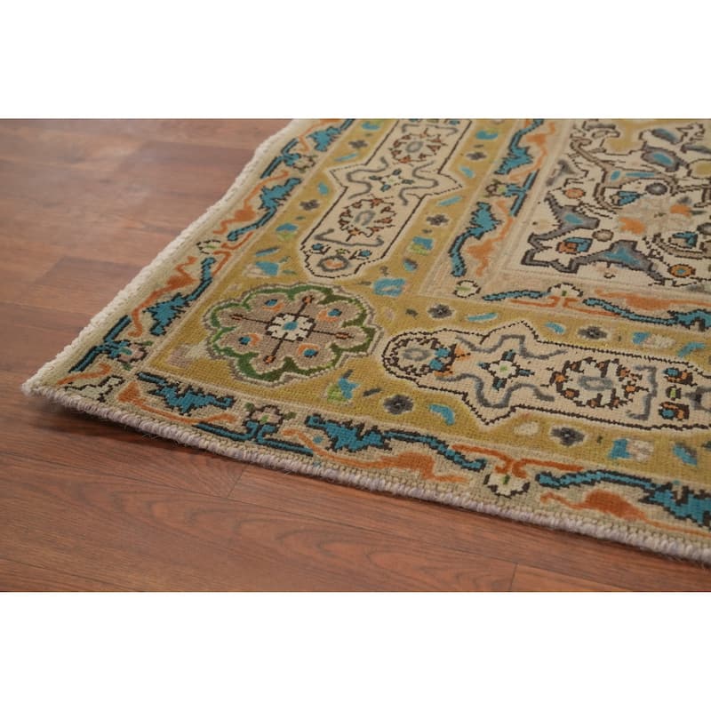 Hand Knotted Oriental 100% Wool Carpet Traditional Floral Yellow & Gold Tabriz Area Rug - 9' 7'' X 6' 5''