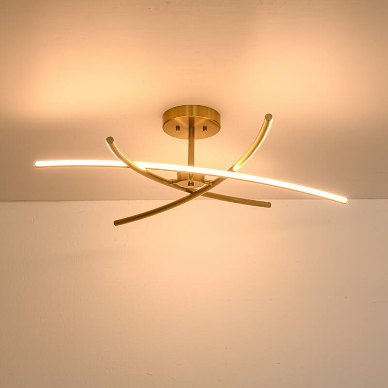 1-Light Cross-Arc Tube LED Flush Mount Ceiling Light with Warm 3000K Light for Living Room - 31.5 in. W x 7.9 in. H - Gold