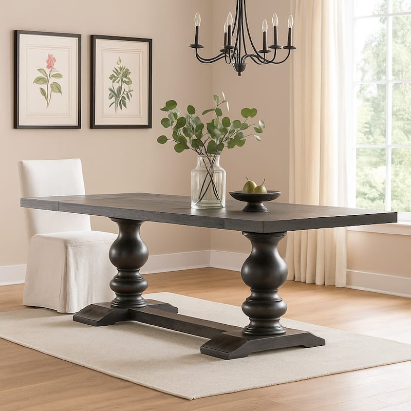 95-123 Inch Dining Table, 2 Extension Leaves, Turned, Antique Black Wood
