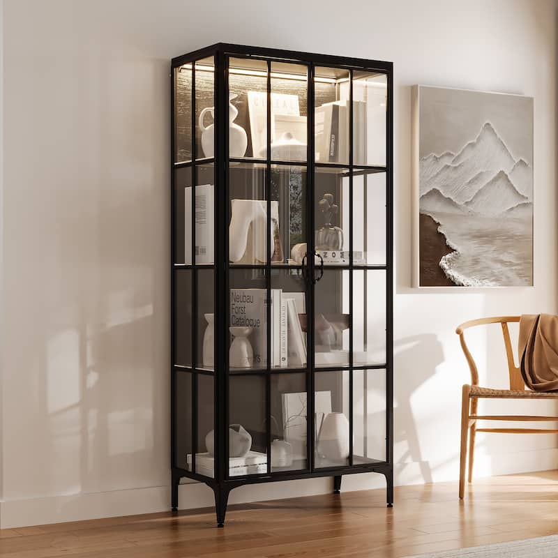 70.9"H Metal Glass Display Cabinet LED Light Bookshelves Curio Cabinet