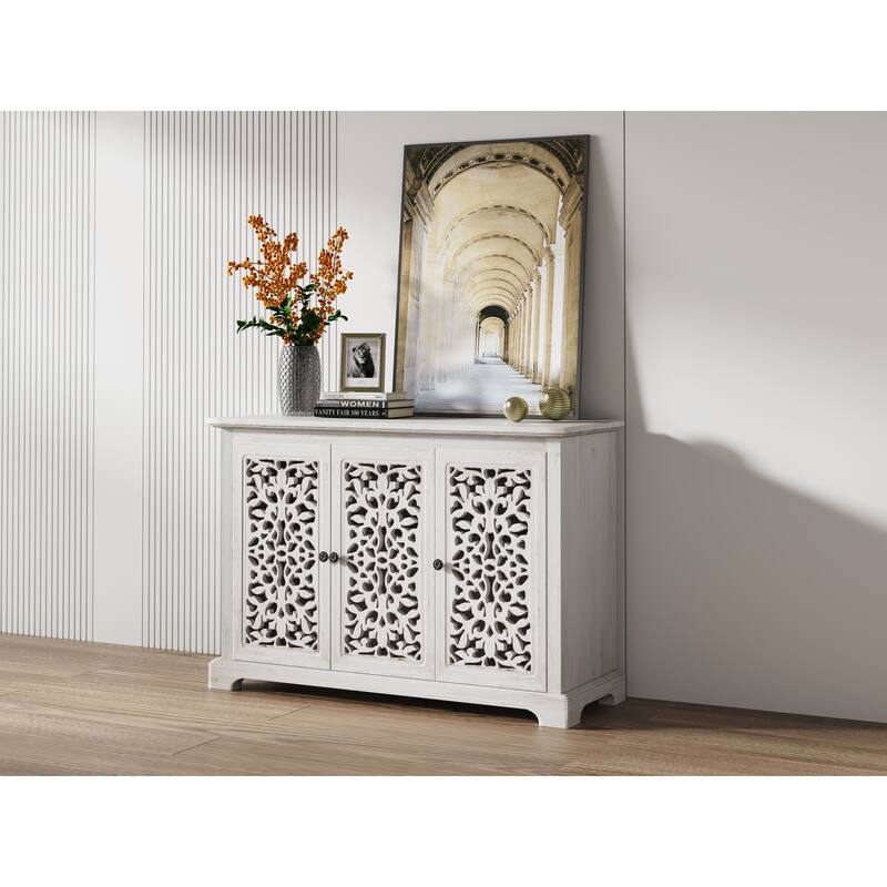 Sideboard Buffet Cabinet with 3 Carving Doors, Storage Cabinet with Shelves, Accent Cabinet with Solid Wood Legs