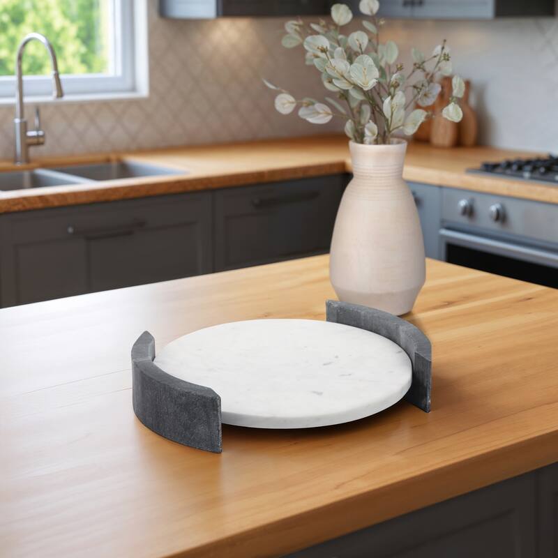 Stone Marble Modern Round Serving Tray with Curved Side Handles - 14" x 12" x 3"