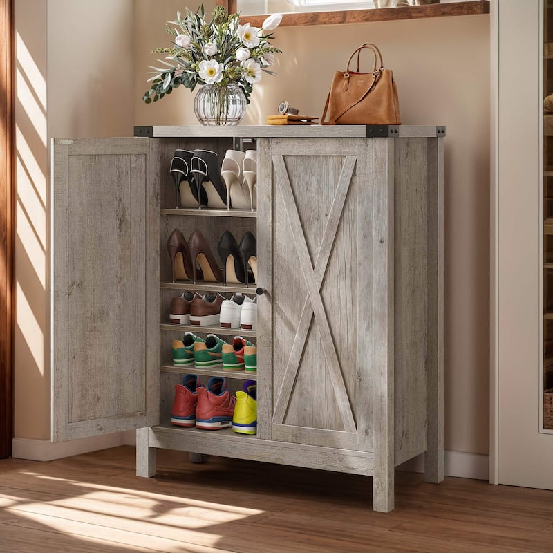 Moasis Farmhouse 5-Tier 20 Pairs Shoes Storage Cabinet with Double Doors for Entryway - Oak