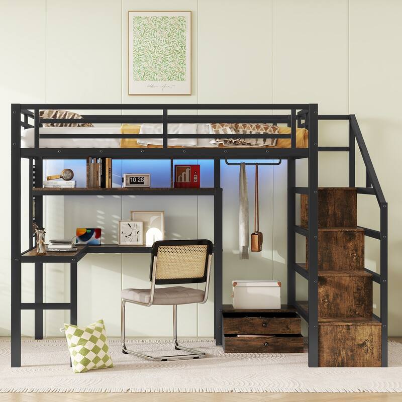 Full Size Metal Loft Bed with LED Lights, Charging Station, Desk & Staircase Storage - Black