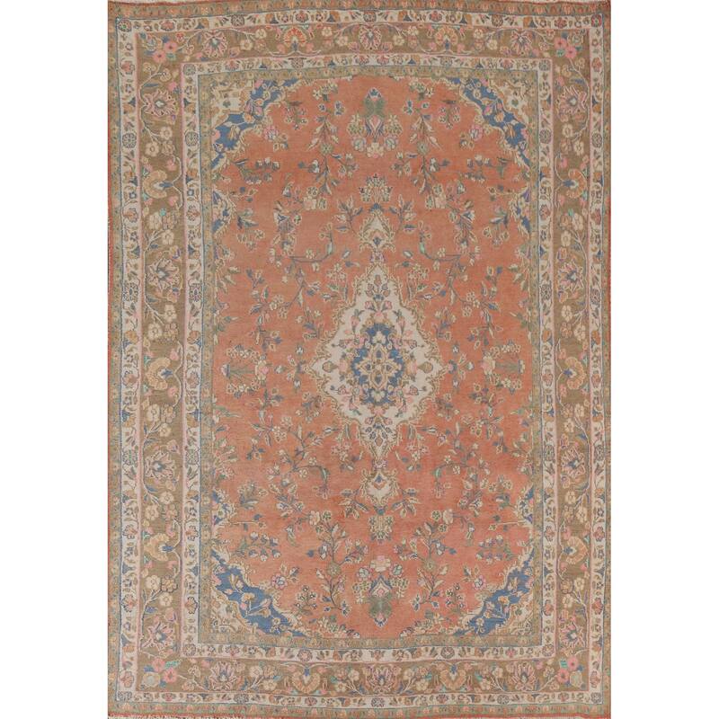 Hand Knotted Oriental 100% Wool Carpet Traditional Floral Coral Mashad Area Rug - 10' 7'' X 8' 0''