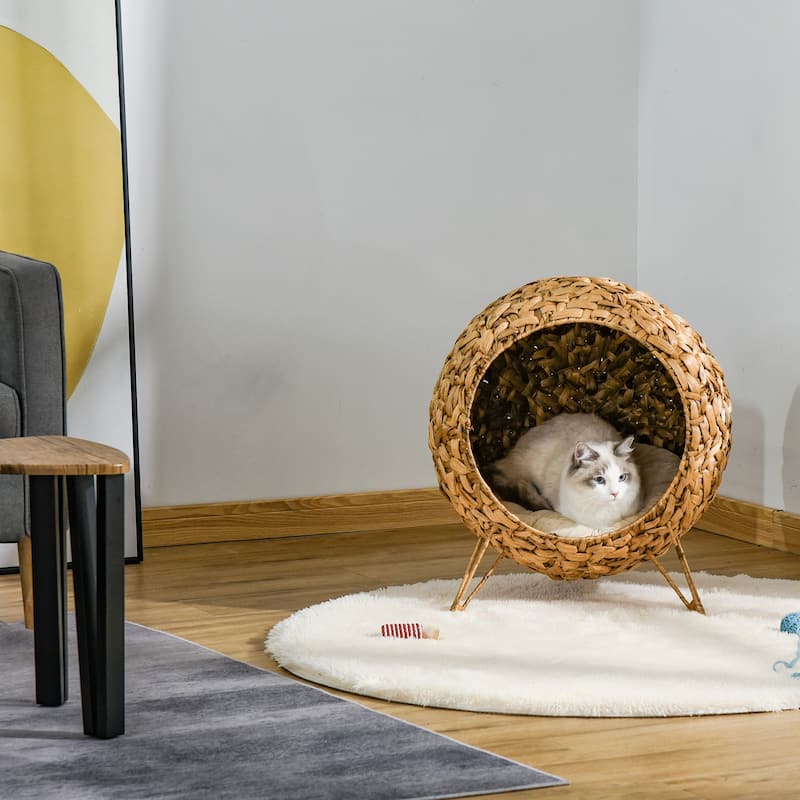 PawHut 20.5" Natural Rattan Cat House, Elevated for Comfort and Circulation, Cushion Included as Animal Bed