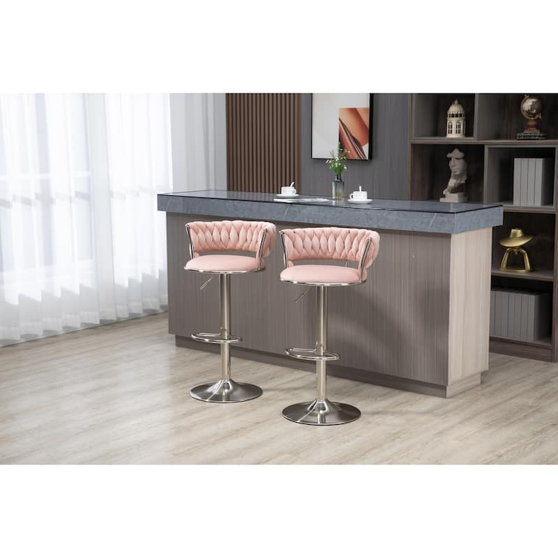 Velvet Swivel Adjustable Height Bar Stools With Sliver Footrest(set of 2)