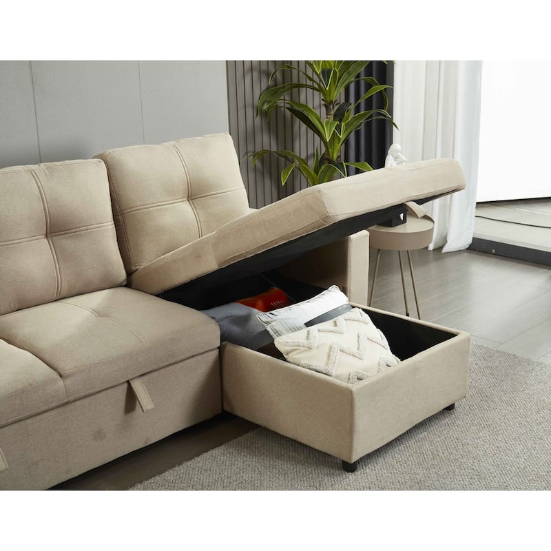 Linen Sectional Sofa Reversible Chaise with Pull out Sleeper