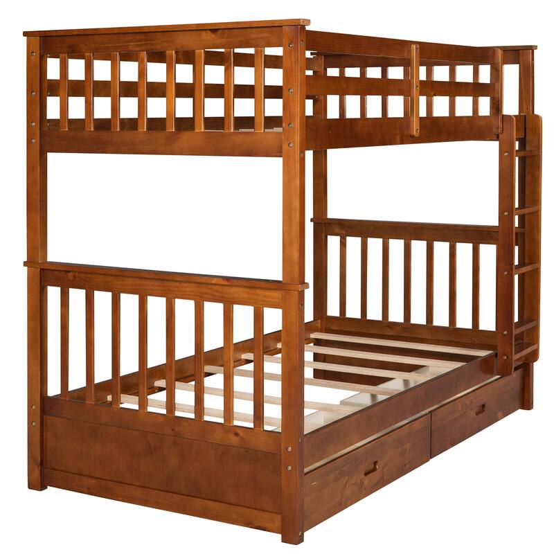 Twin-Over-Twin Bunk Bed with Ladders and Two Storage Drawers in Walnut Finish
