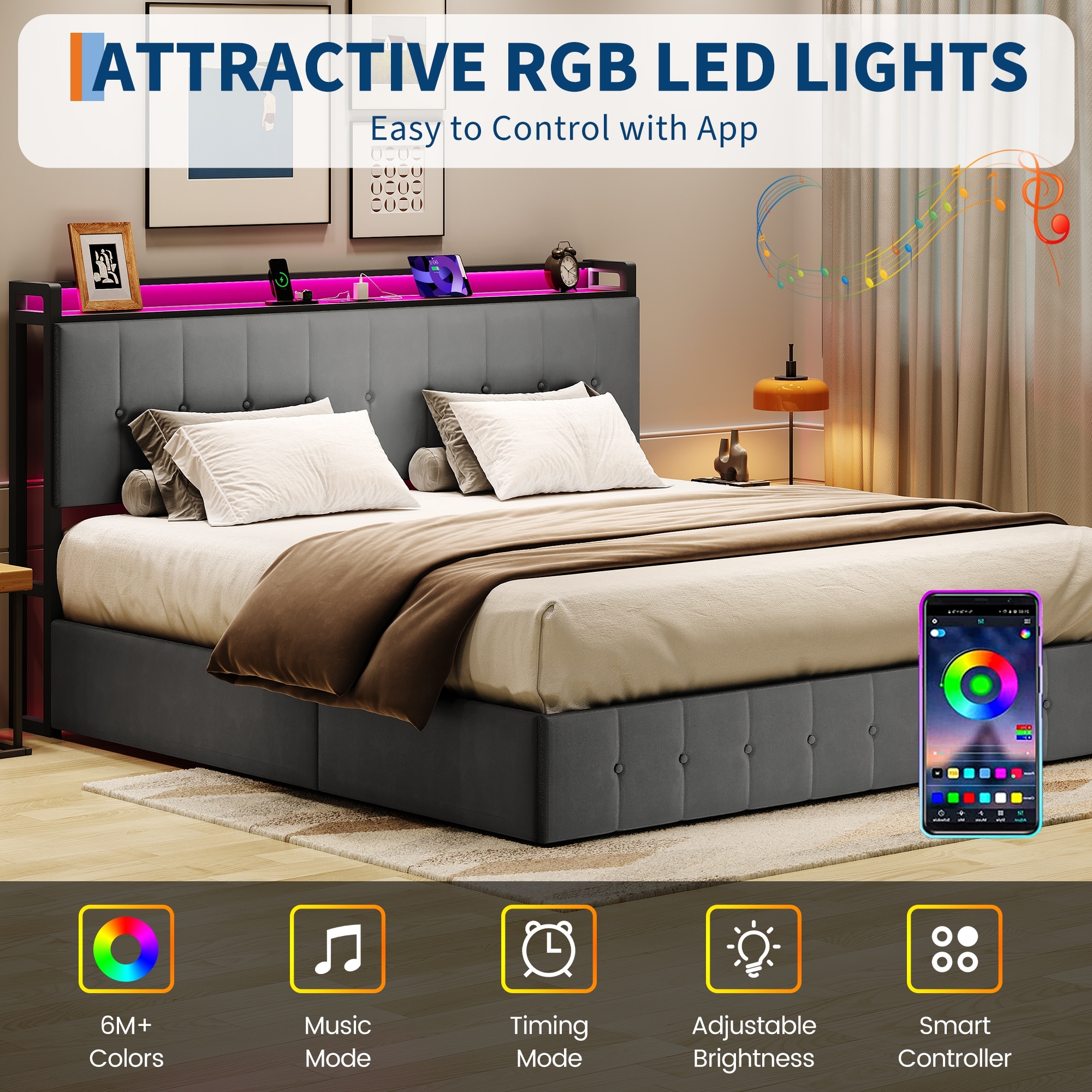 Bed Frame with Lift Up Storage, Upholstered Bed with Storage Headboard, Metal Platform Bed, Button Tufted Headboard