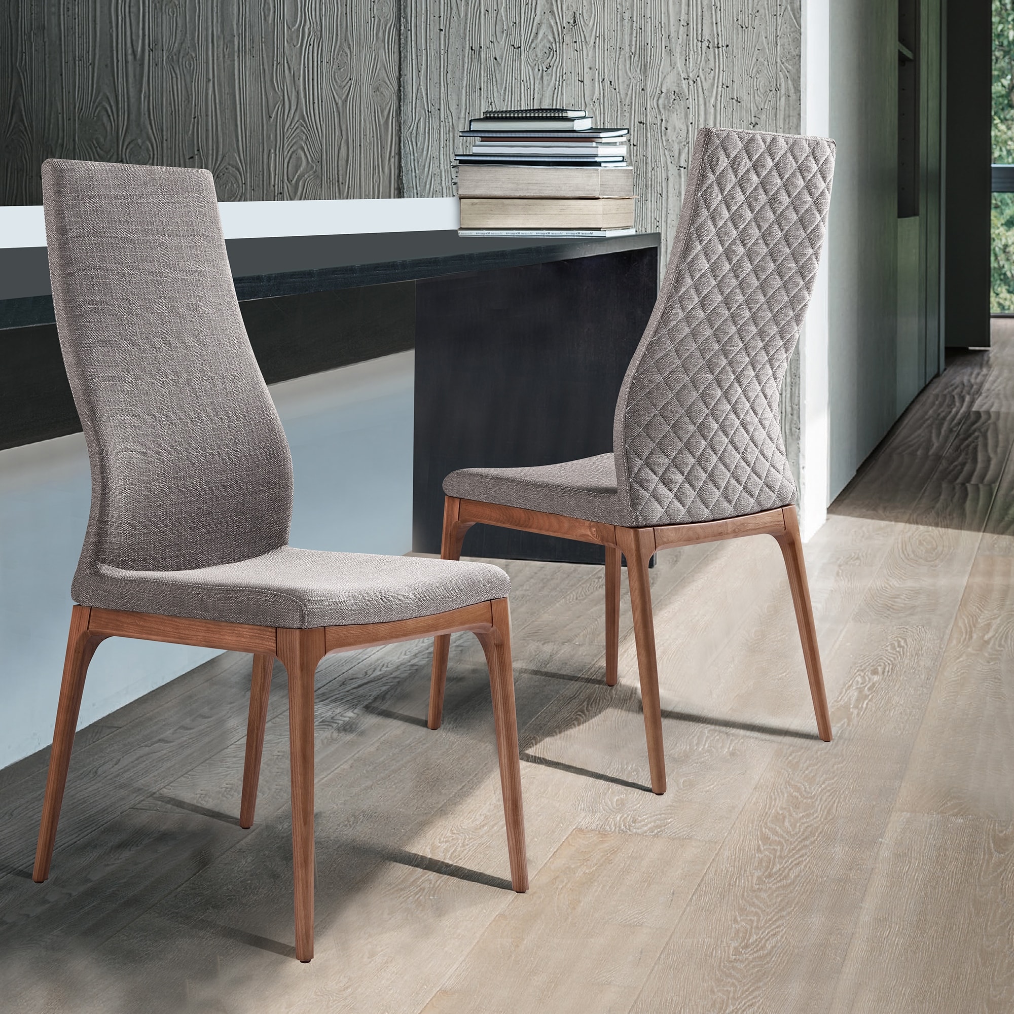 Parker Mid-Century Modern Grey and Walnut Upholstered Side Dining Chairs - Set of 2