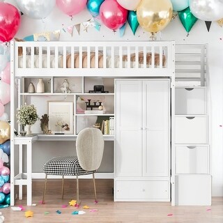 Twin Size Loft Bed with Bookshelf,Drawers,Desk,and Wardrobe,White,Elegance Unique Design Wood Loft Bed,Beautiful Kid Bed