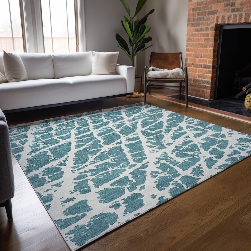 Machine Washable Indoor/ Outdoor Transitional Teal Crackle Chantille Rug