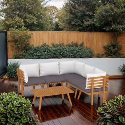 Roma 6pc Outdoor Modular Sofa Set, 1 Table, Gray White, Acacia Wood