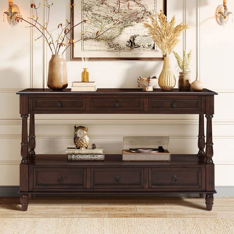 Retro 54" Solid Wood Console Table with 6 Drawers and Shelf for Vintage Living Room and Hallway Storage - Espresso