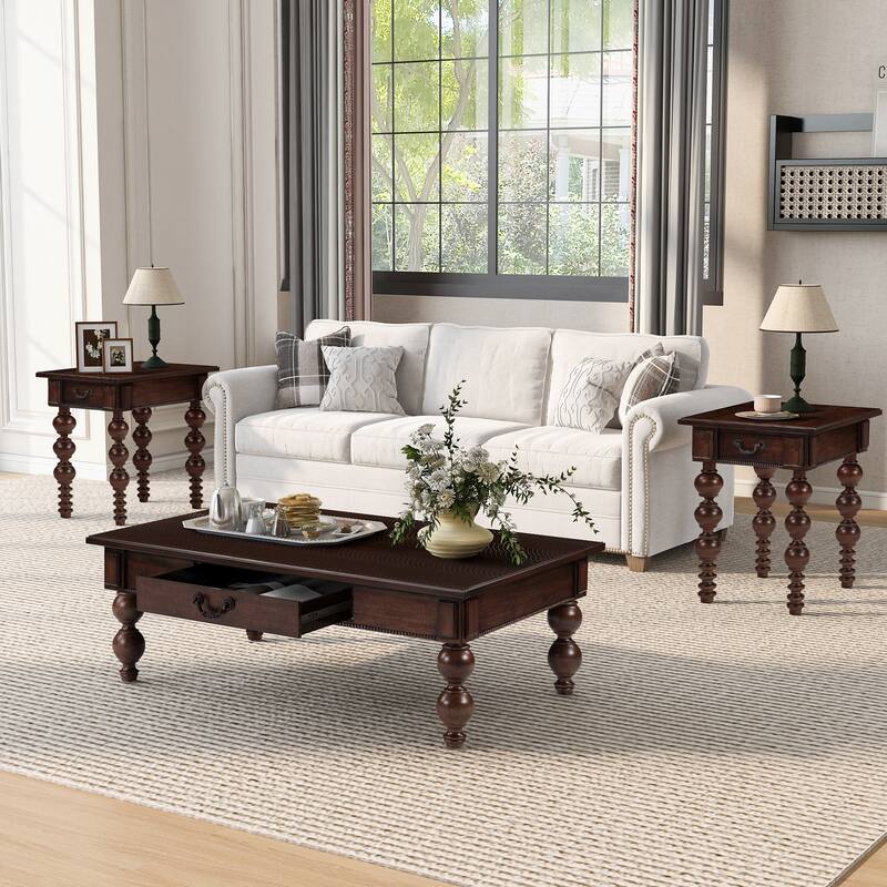 Solid Wood Table Sets of 3 with Coffee Table and 2 End Tables, Vintage Tables with Storage Drawers and Unique Gourd-Shaped Legs - Espresso