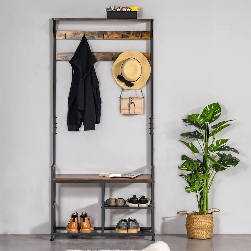 HOMCOM Hallway Tree Bench Organizer with 9 Coat Hooks, Large Sitting Bench and 3 Open Shelves for Entryway - Brown