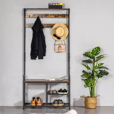 HOMCOM Hallway Tree Bench Organizer with 9 Coat Hooks, Large Sitting Bench and 3 Open Shelves for Entryway