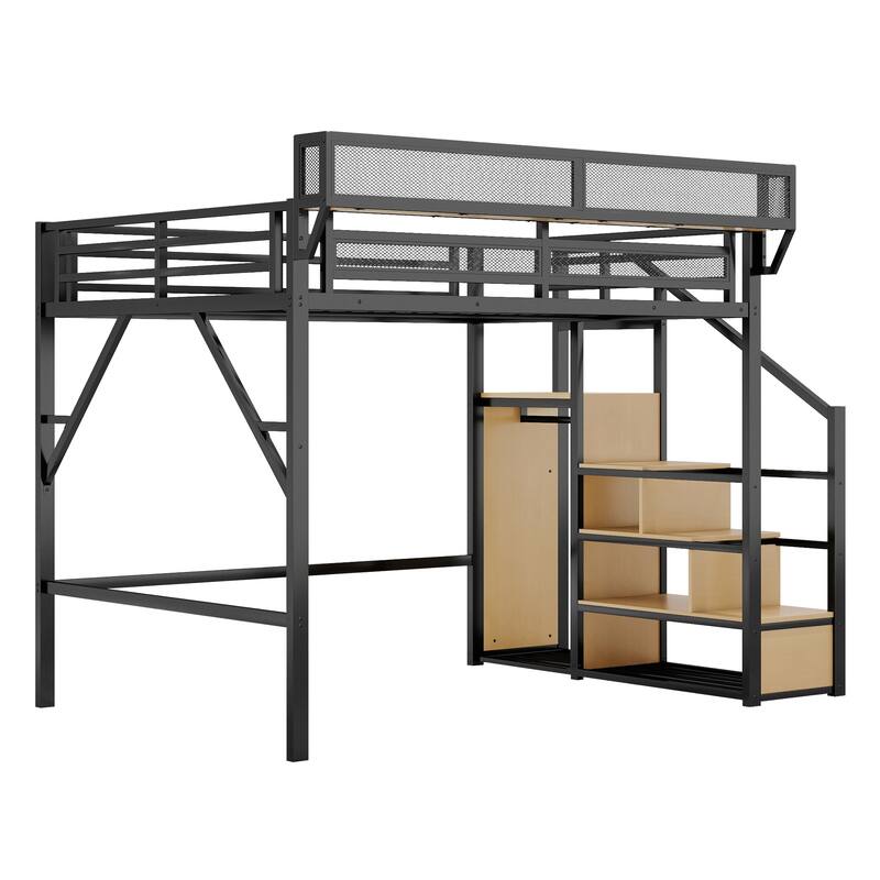 Metal Queen Loft Bed with Stairs Storage Shelves & Wardrobe for Kids Teens Adults - Black
