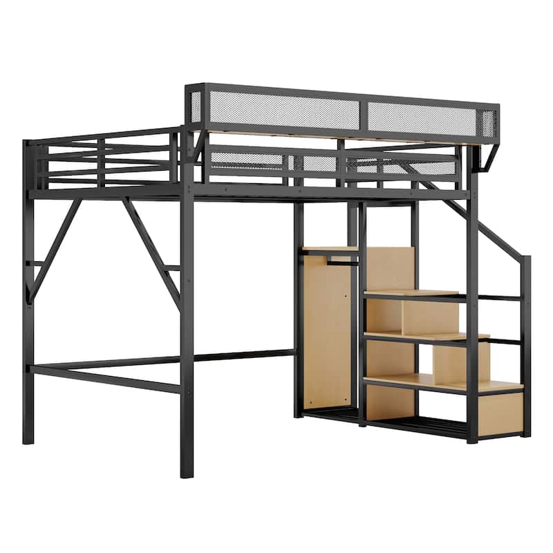 Queen Size Metal Loft Bed with Stairs, Storage Shelves, and Wardrobe for Kids, Teens, and Adults