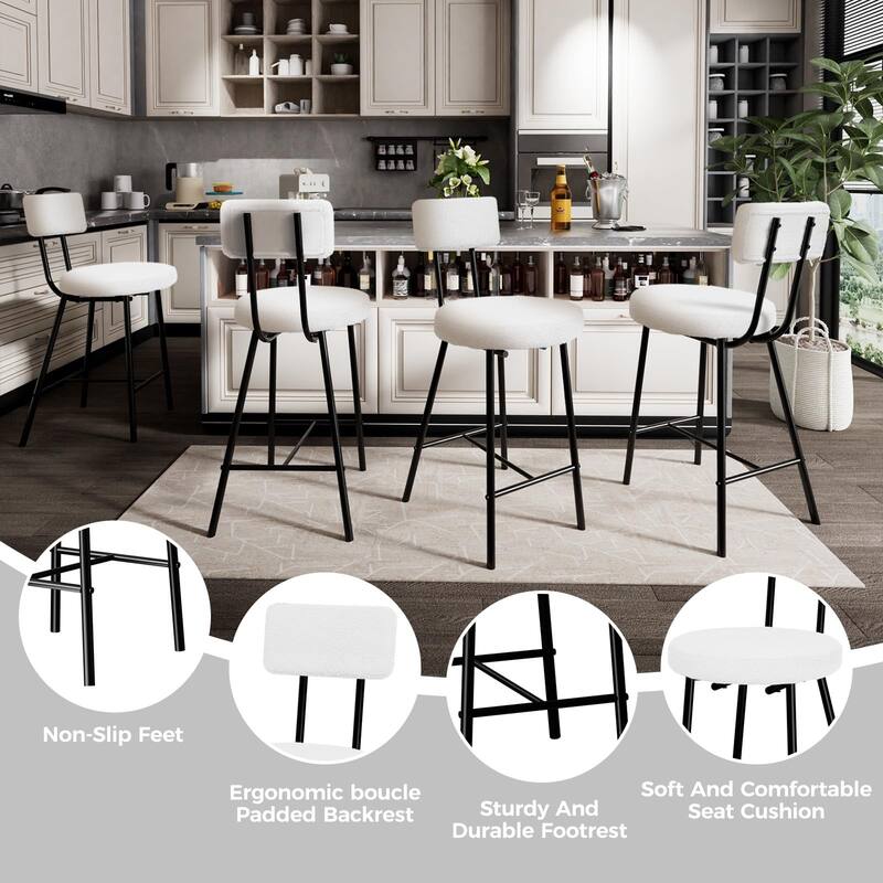 Boucle Upholstered Bar Stools Set of 2, Modern Counter Height Bar Chairs with High Back, Footrest and Metal Leg