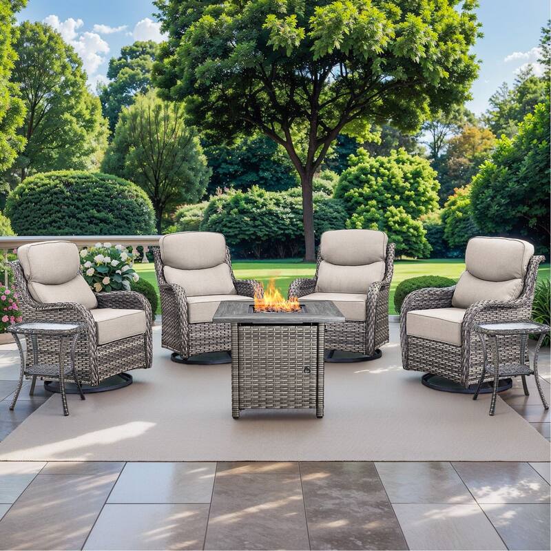 Pocassy Outdoor 6" Swivel Chairs with Fire Pit Table - 7 Pieces Swivel Chair Table with Fire Table - Grey Wicker Gray Cushion