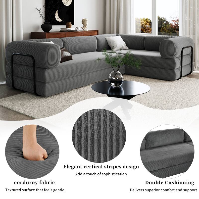 107" L-Shaped Convertible Modular Sofa with Iron Frame Support, Corduroy Upholstered Sectional Sleeper Couch for Living Room